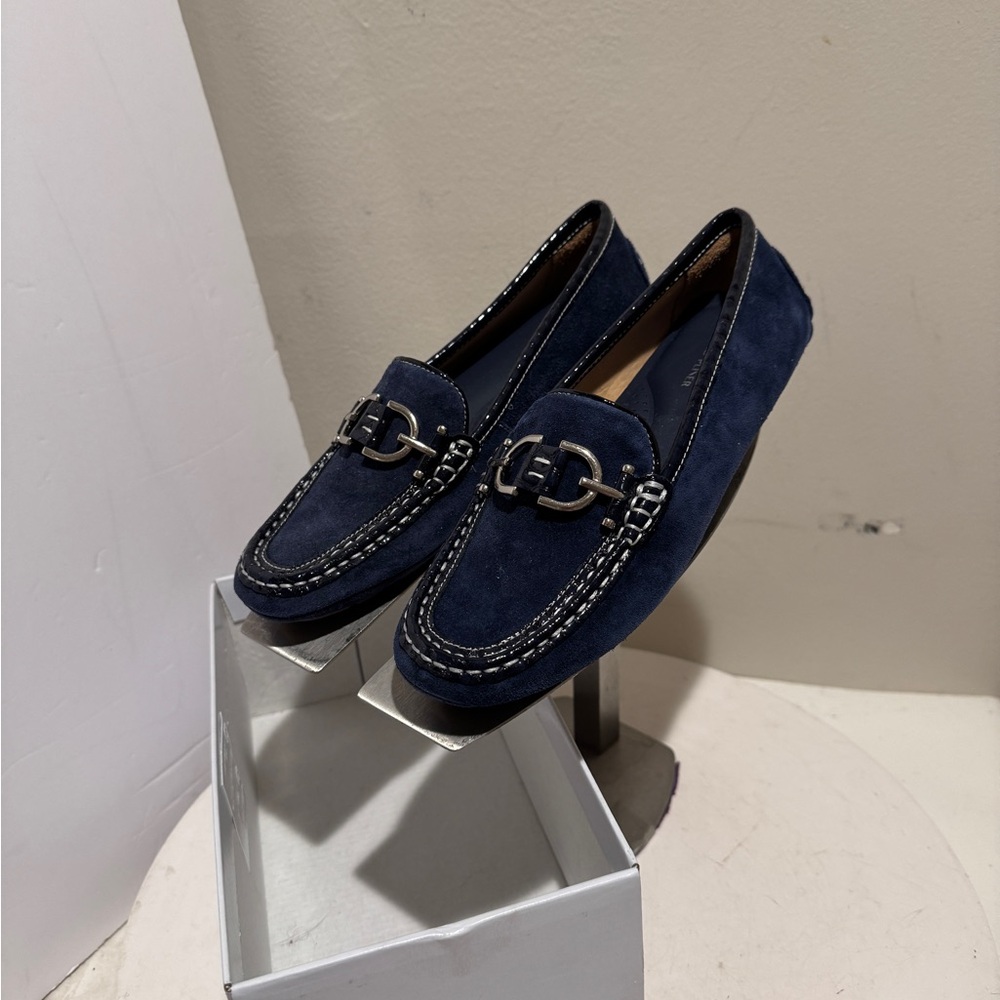 Donald J. Pliner Navy Suede Bit Loafers with Silver-Tone Hardware - Picture 9 of 9